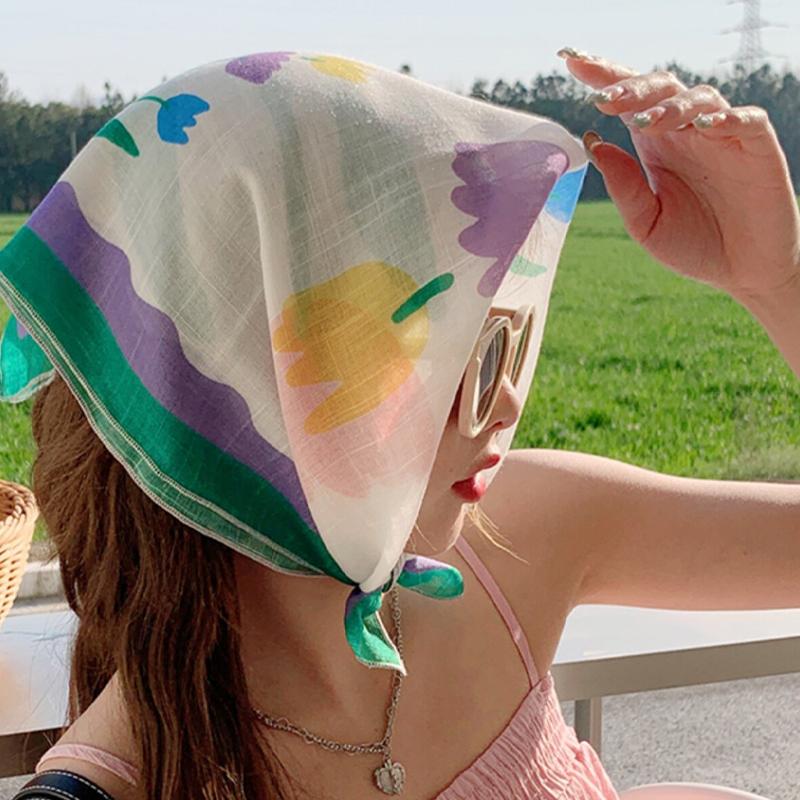 Women Flower Printed Headscarf Sun Protection French Pastoral Style Boho Lightweight Travel Picnic Outdoor Girls Scarf