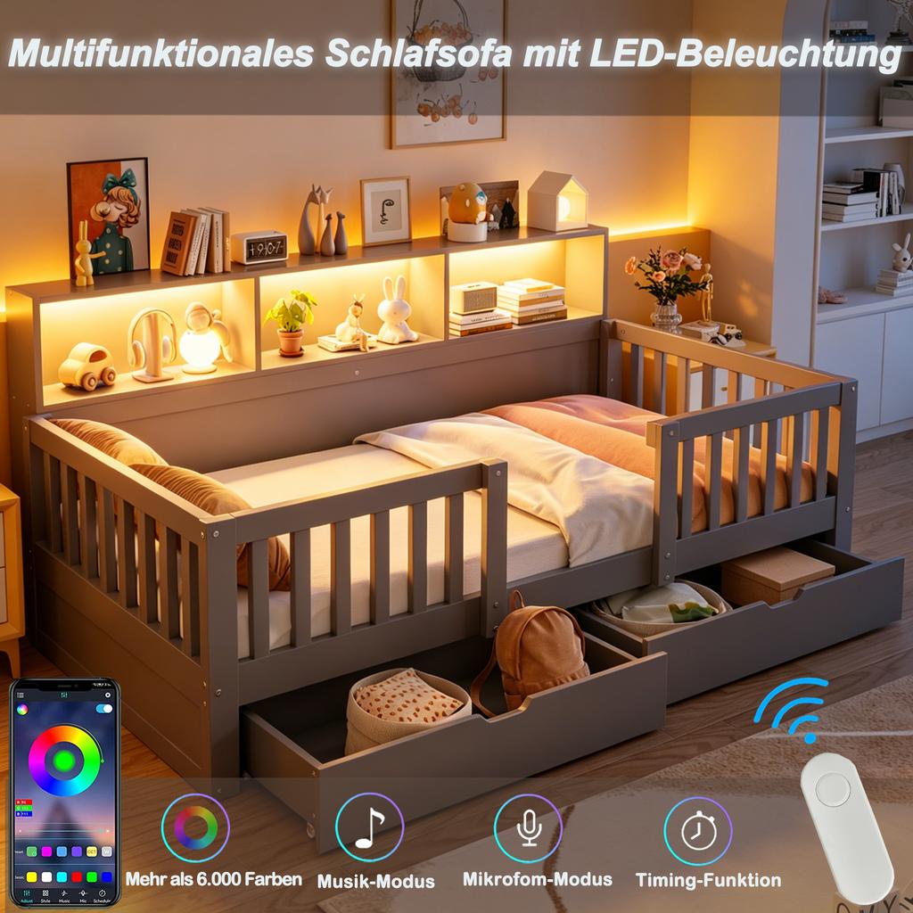 Letto per Bambini, 90 x 200 cm – Testiera Alta con Sponda di Sicurezza, Cassetti, Mensole e Illuminazione a LED, Grigio