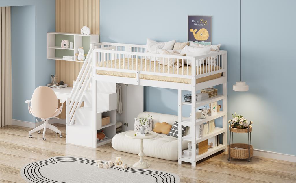 Loft Bed 90 x 200, High-Fence Safety Design with Wardrobe, Shelves and Storage with Safety Climbing Ladder, Multifunctional Bed, Solid Wood Bed, White
