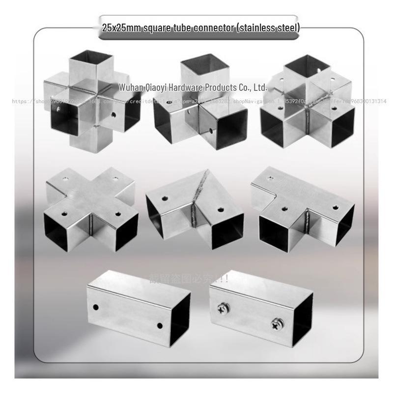 Złącza do kwadratowych rur ze stali nierdzewnej 25x25mm: Trójnik 90°, Czterodrogowy, Złączki bez spawania