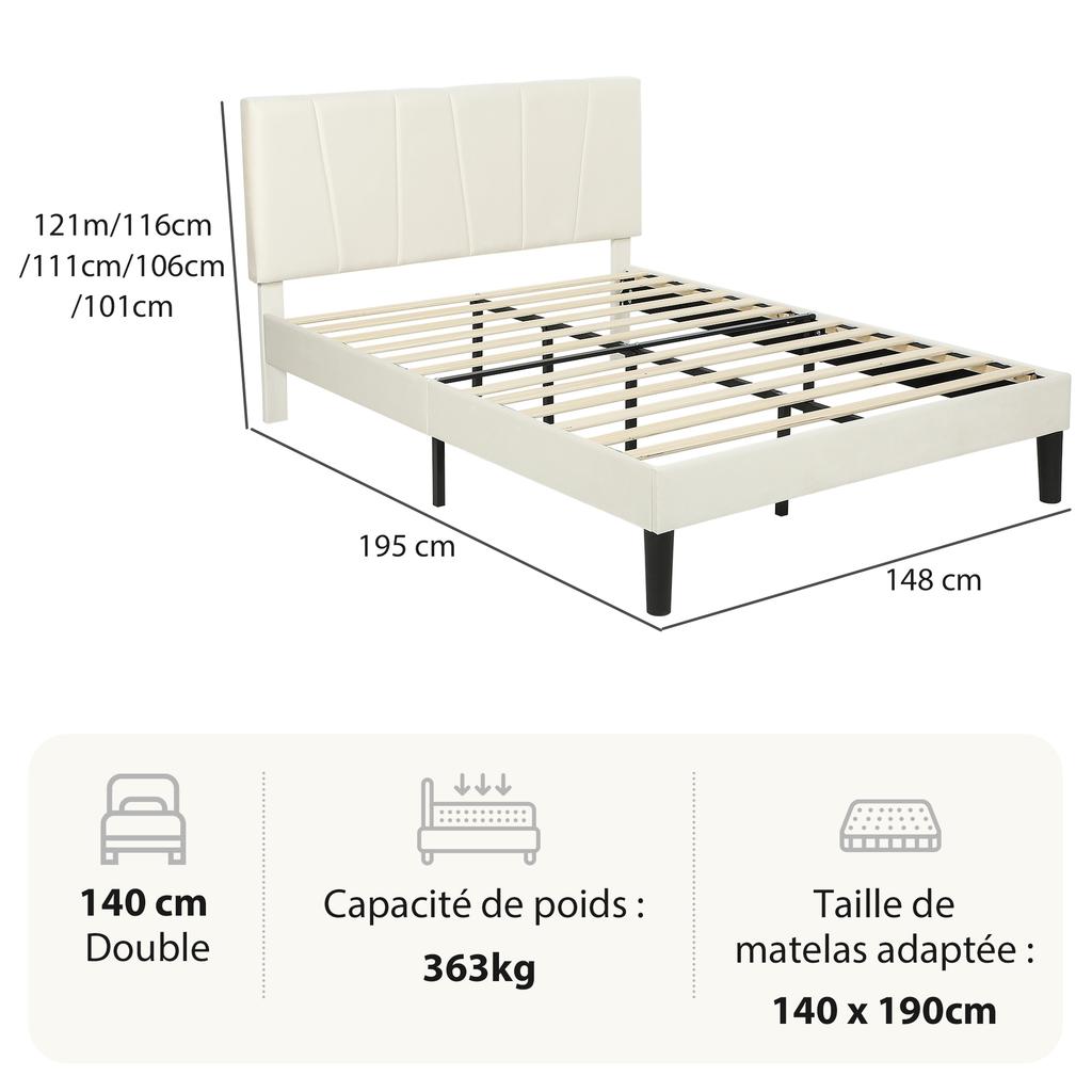 Double Bed Frame 140 X 190 Cm 2-Person Bed Adjustable Headboard Bed Base 150 X 198 X 101/106/111/116/121 Cm Cream