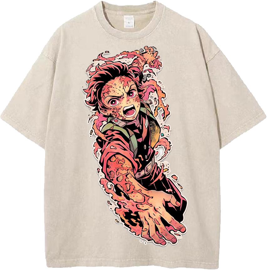 Japan Anime Demon Slayer Kamado Tanjirou Printed Tshirt Men Casual Cotton T-shirts Vintage Washed Tee Harajuku Male T Shirt