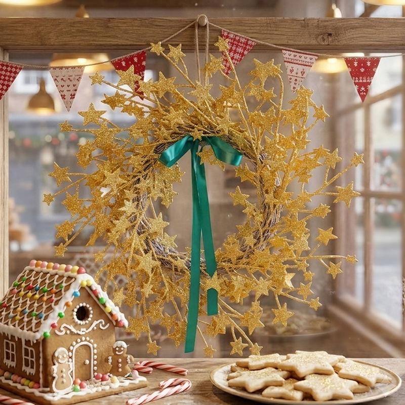 Single Piece Star Wreath Door Hanger with Gold Color Finish, Curved Textured Base for Wall Display, Doorway Styling and Indoor