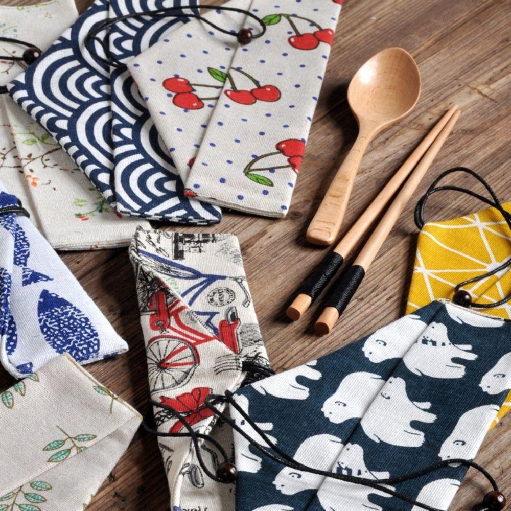Japanese Style Utensil Holder Cotton Linen Cutlery Case Reusable Cutlery Pouch For Chopstick Spoon