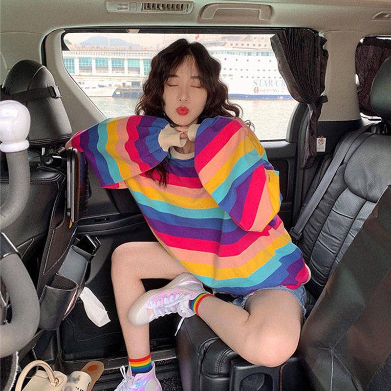 New Autumn Thin Women's Rainbow Striped Long-sleeved T-shirt for Women's Loose Harajuku Style Top