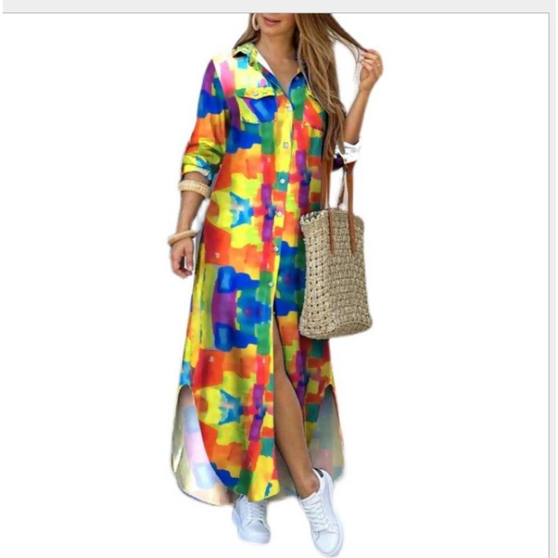 

Женское повседневное платье-рубашка с длинным рукавом и V-образным вырезом, свободное длинное платье-рубашка с карманом XL жёлтый