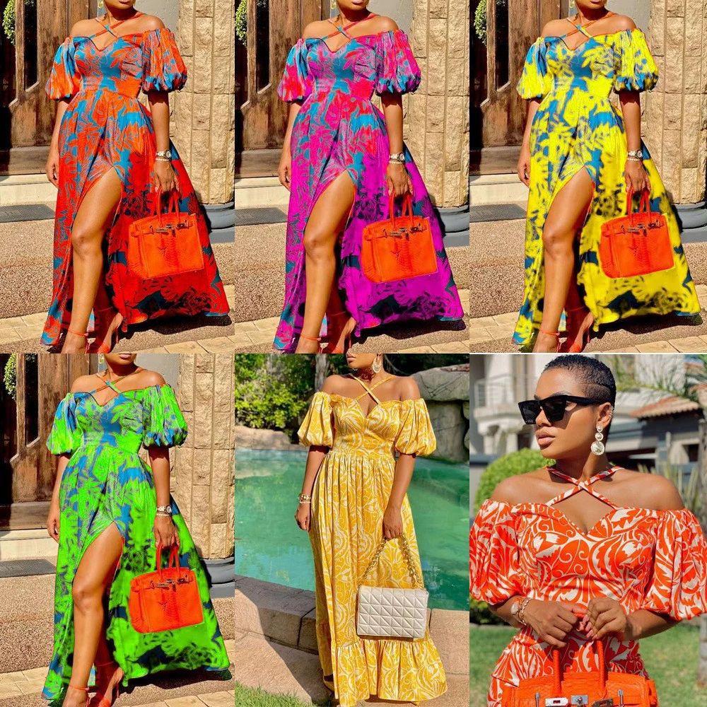 New Spring and Summer Women's Dress Printed Open-ended Tube Top Hanging Neck V-neck Dress