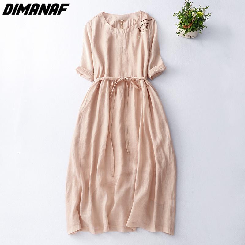 

DIMANAF 2023 Платье больших размеров, летние женские хлопковые свободные пляжные повседневные винтажные женские платья с поясом розового цвета