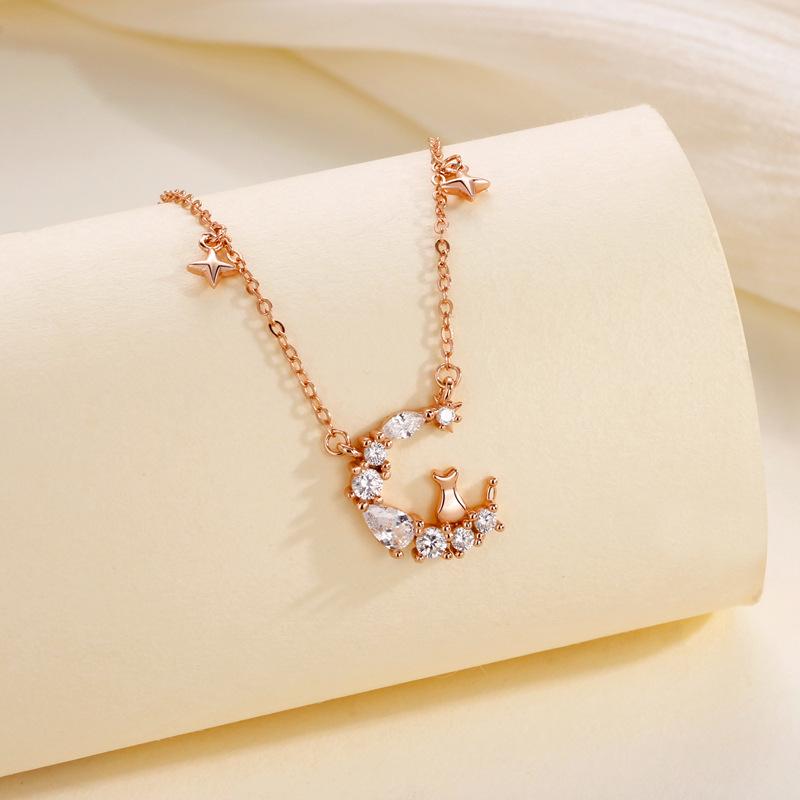 Sterling Silver Moon Cat Necklace: Cute Star and Moon Pendant for Women