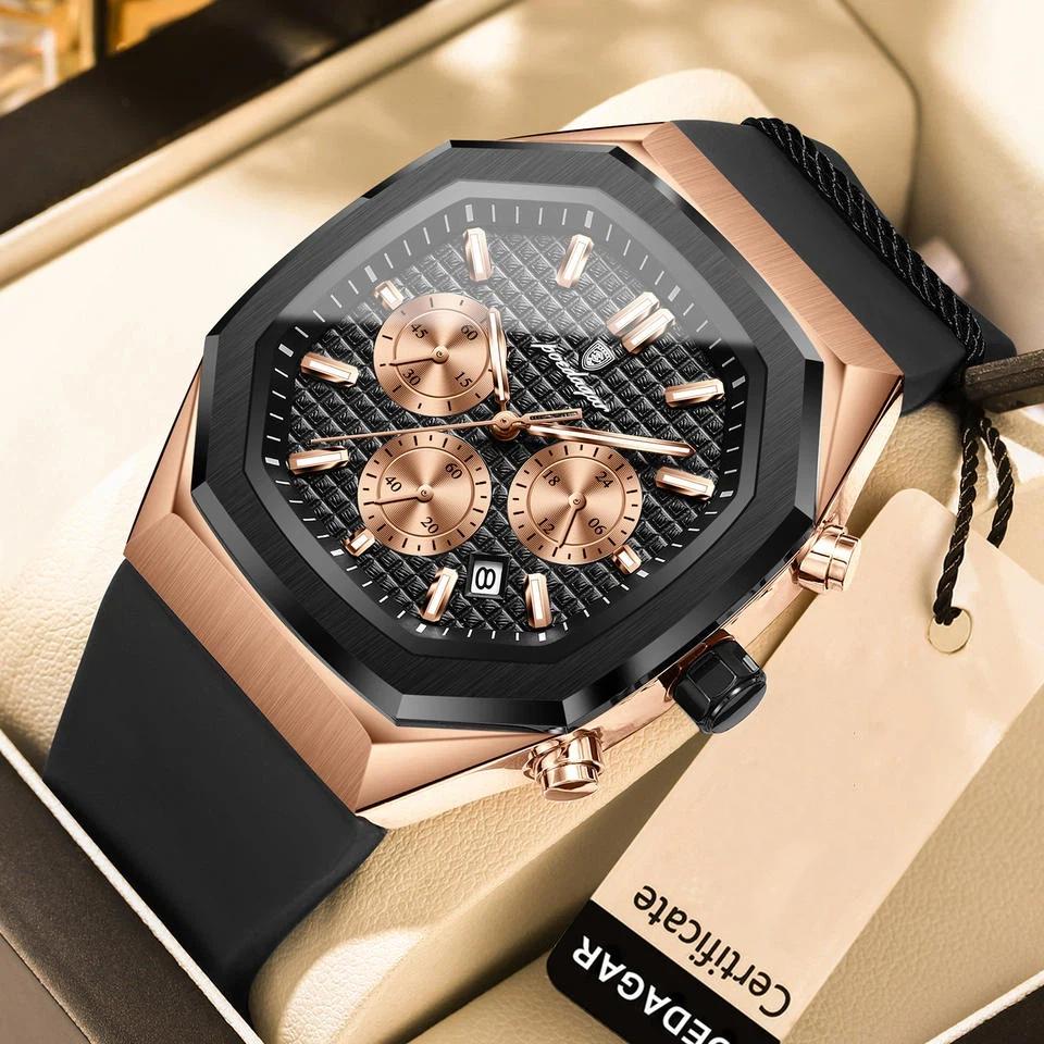 POEDAGAR Functional Watch for Men Date Chronograph Luminous Waterproof Silicone Classic Male Watch Quartz Original Watches