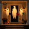 Reusable Festival Holiday Decor Halloween Lighted Hanging Ghost with Broom Decor, Flying Broomstick Ornaments Remote Multi Mode Lighting Control