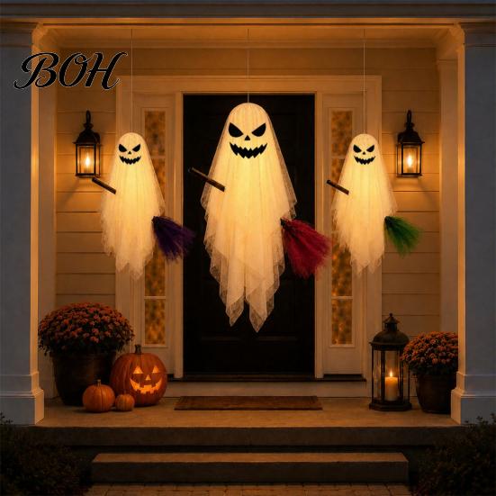 Reusable Festival Holiday Decor Halloween Lighted Hanging Ghost with Broom Decor, Flying Broomstick Ornaments Remote Multi Mode Lighting Control