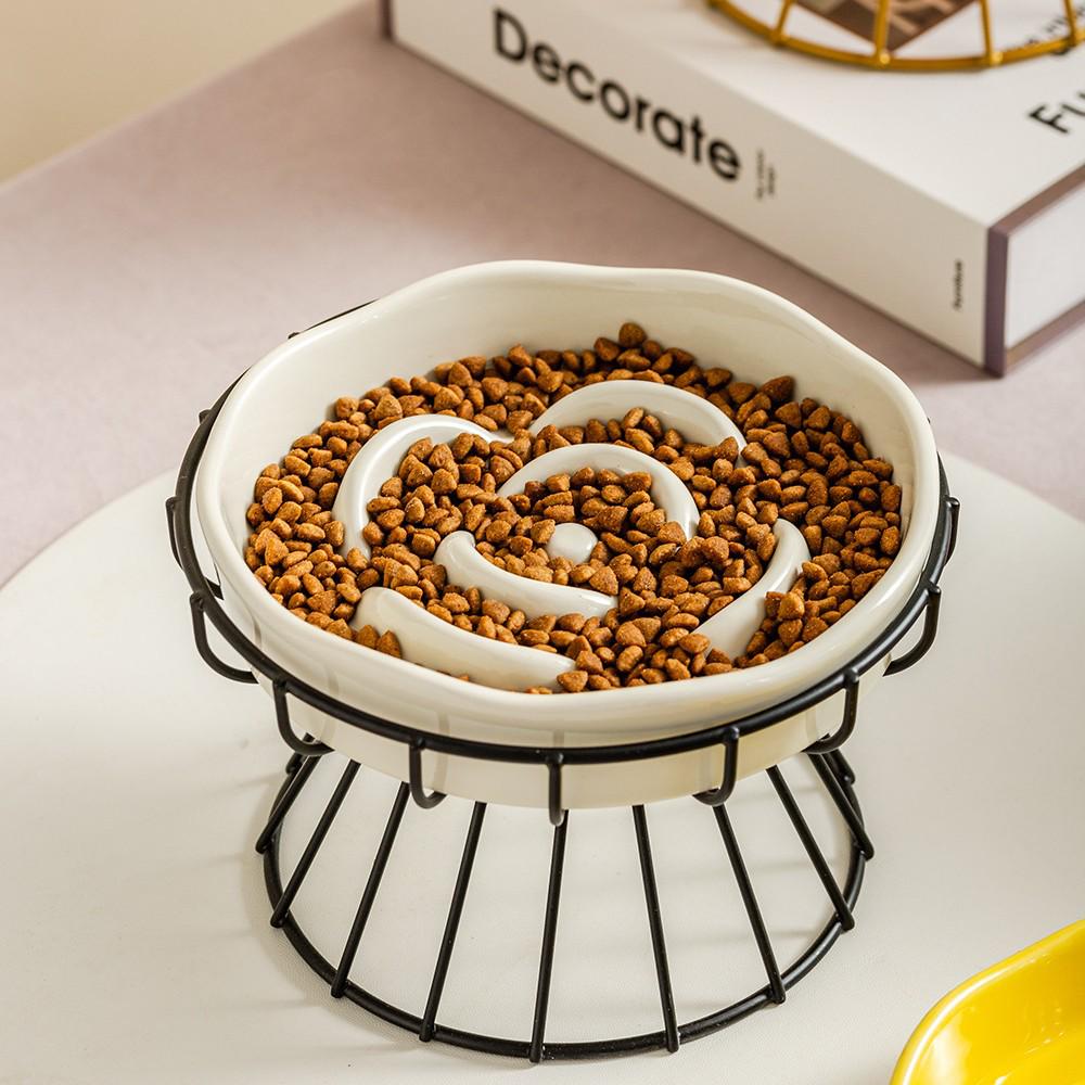 Ceramic Anti-Choke Slow Feeder Bowl with Neck Protection Stand for Small Dogs and Cats