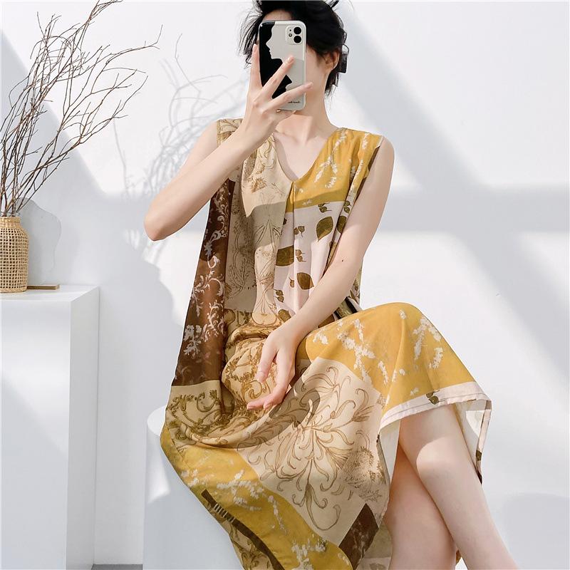 Cotton and silk sleeveless nightdress women's summer thin floral new super good-looking dress medium and long small fresh loungewear