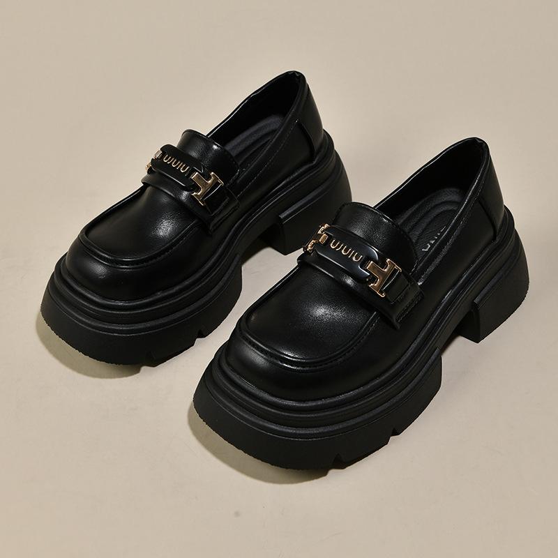 Black platform loafers women's spring and autumn 2025 new retro thick heel single shoes muffin platform British style small leather shoes