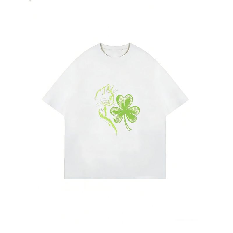 Oversized T Shirt Black Cat And Clover Print Casual Streetwear For Women