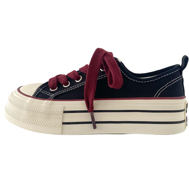 Dikke Bodem Canvas Schoenen Dames Ronde Neus Platte Veters Dubbele Band Veelzijdig Dunne Zool Board Schoenen Ademend Laag Uitgesneden Casual