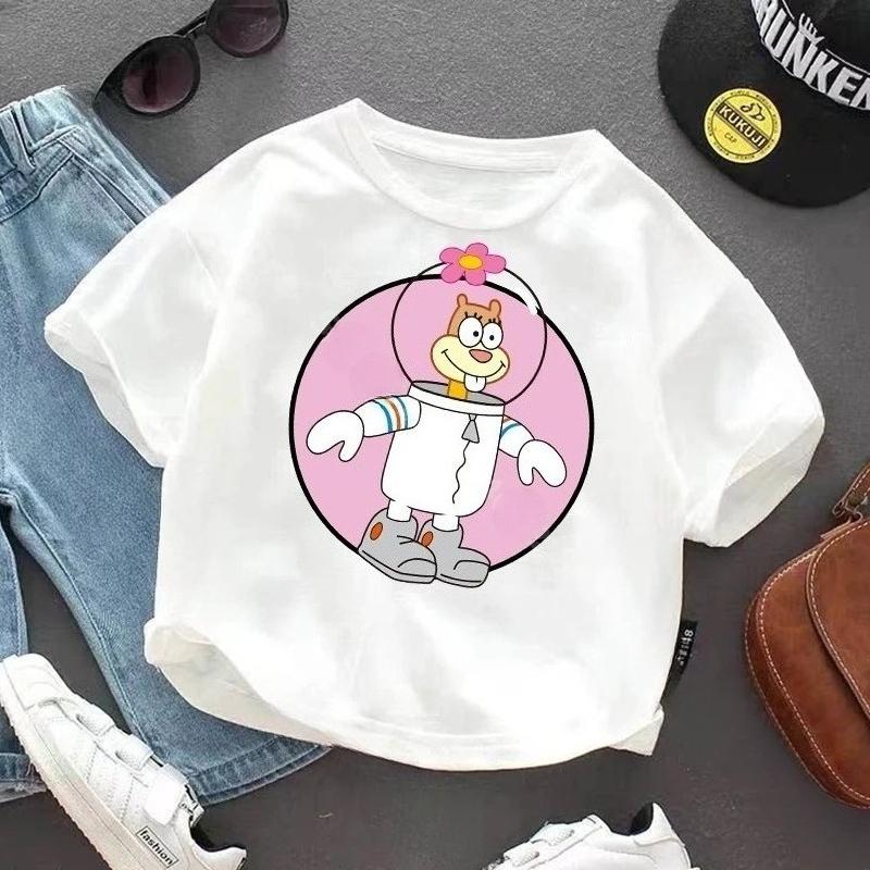 SpongeBob SquarePanted Child Short Sleeve TShirt Anime Character Print Cotton Pullover Boys Girls Summer Casual Crew Neck Tops