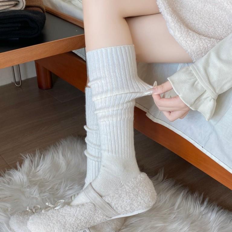 Winter Wool Double-Needle Vertical Stripe Thigh-High Socks - Thick, Warm, Slimming for Girls