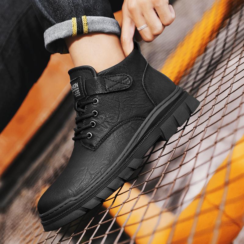 Autumn New Martin Boots Winter Velvet Warm High-top Tooling Leather Boots Medium-top British Casual Leather Shoes