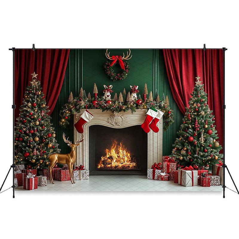 Mocsicka Christmas Photography Background Home Decoration Family Photo Backdrop Room Xmas Tree Fireplace Pattern Shooting Banner
