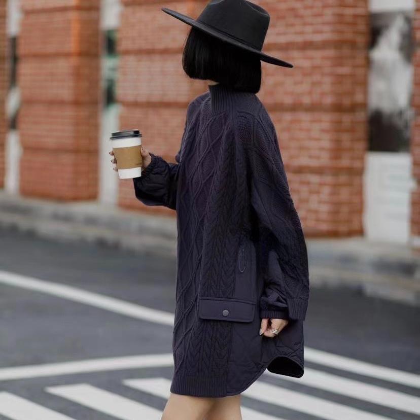 

DIMANAF 2023, зимние свитера больших размеров, женские лоскутные ватные пуловеры из двух предметов, водолазка, вязаный клетчатый свободный свитер One Size чёрный