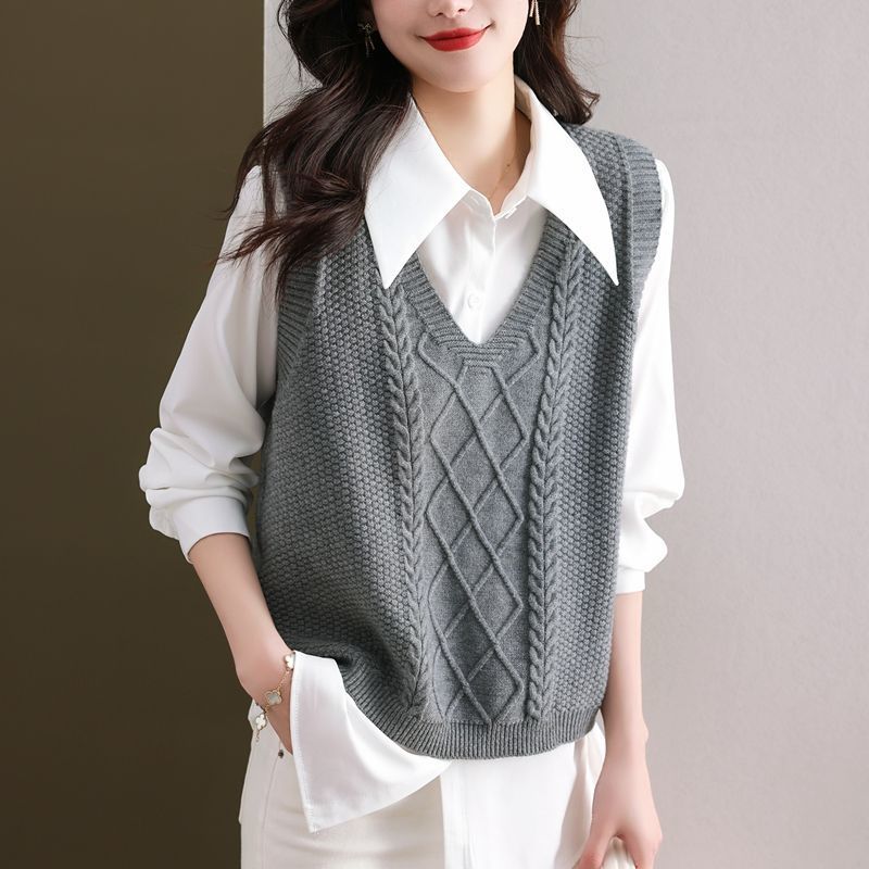 Pevná Vesta s copánkovým vzorem s výstřihem do V, Vintage bezrukávový volný svetr, Dámské oblečení