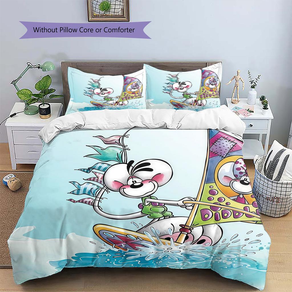 Diddl the Jumping Mouse Pattern Bedding Quilt Set Home Decoration Gift (1 * Duvet Cover + 2 * Pillowcase Without Core)