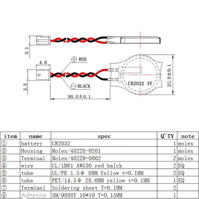 5PCS/LOT CR2032 2032 Battery with Wire 2pin Laptop Motherboard BIOS CMOS Battery with Wire Disassemble Button Battery