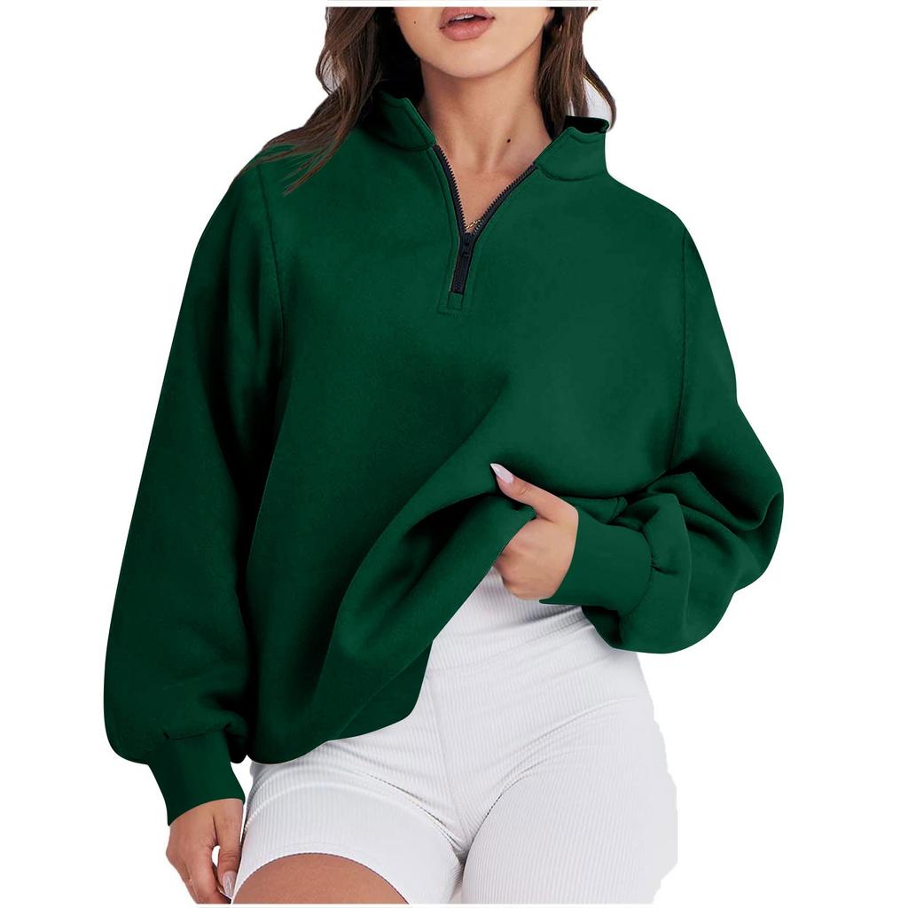 Women's Casual Fashion Long Sleeve Solid Color Zip Sweatshirt Top