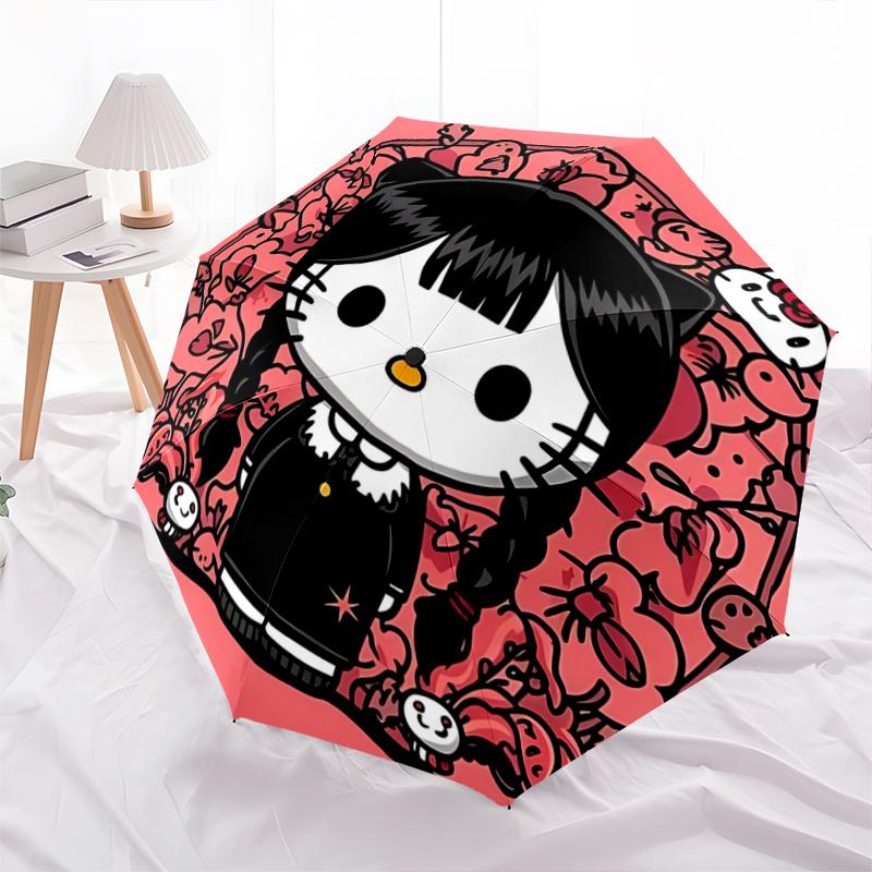 1pc Wednesday Hello Kitty Automatic Opening and Closing Umbrella - Lightweight 3-Fold Design, Suitable for Fans, Travel, Daily Use - Official Product,