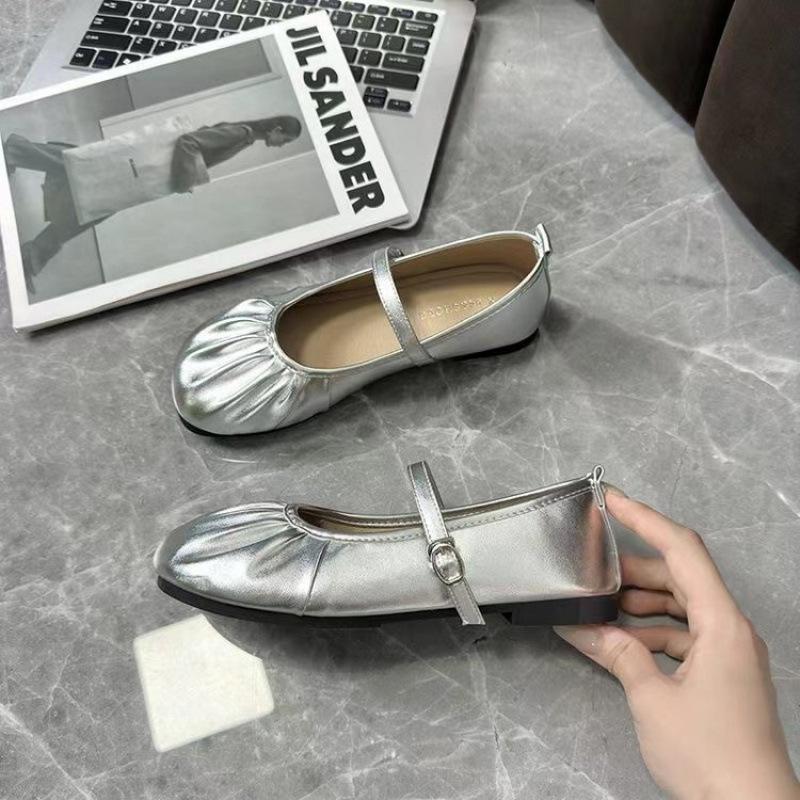 

French Evening Wind Silver Mary Jane Shoes 2025 New Summer Temperament Fairy Grandma Shoes Flat Ballet 40 срібний