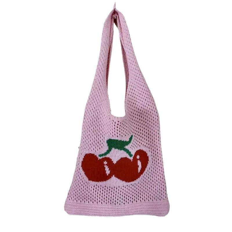 Summer Hollow Out Shoulder Bag Cherry Desing Knit Bag Hand Woven Fashionable Beach Simple Shopper Totes