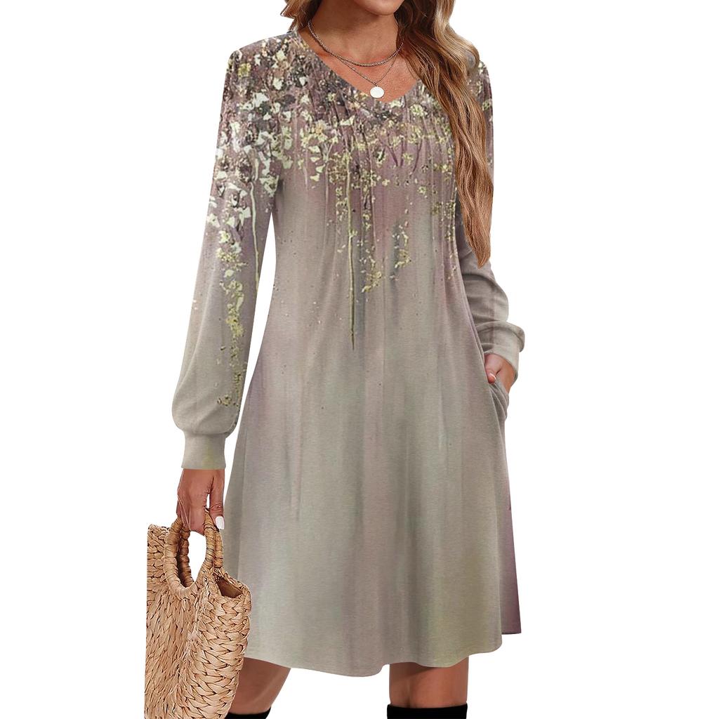 Damen Bedrucktes Lässiges und Modisches V-Ausschnitt Langarm Midikleid