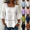 Summer Women's Solid Color Linen Cotton Square Neck Lace Trim 3/4 Sleeve Casual Top