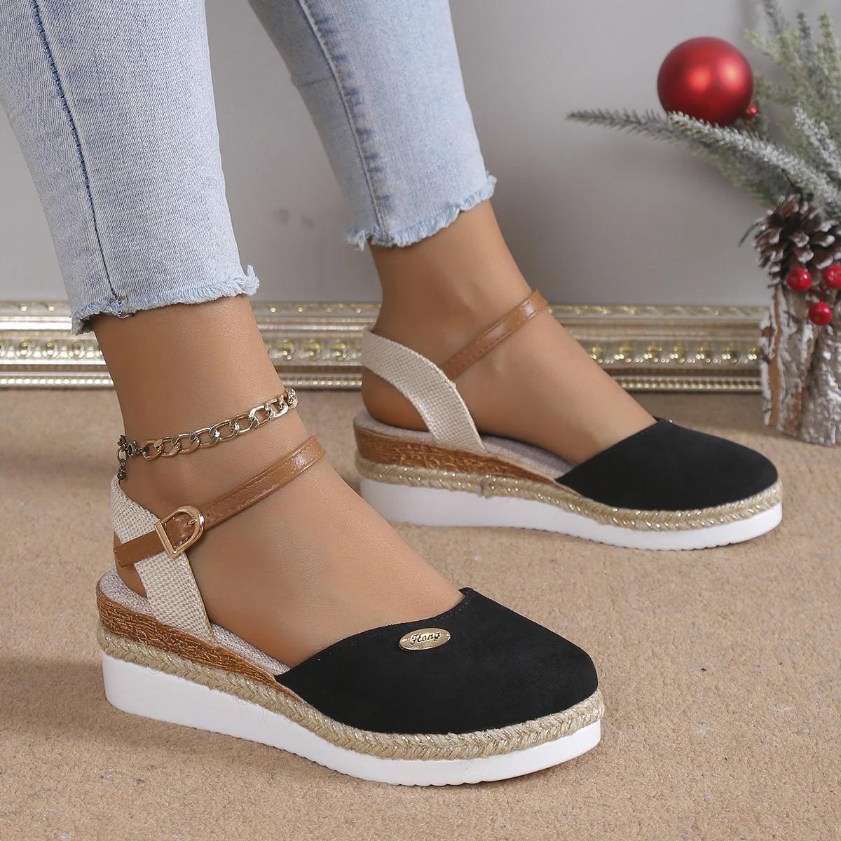 

Женские босоножки на танкетке 2024 года, новая летняя обувь для женщин, пляжная дизайнерская обувь, босоножки на платформе, женские каблуки, большие размеры, Zapatos De Mujer 43 чёрный