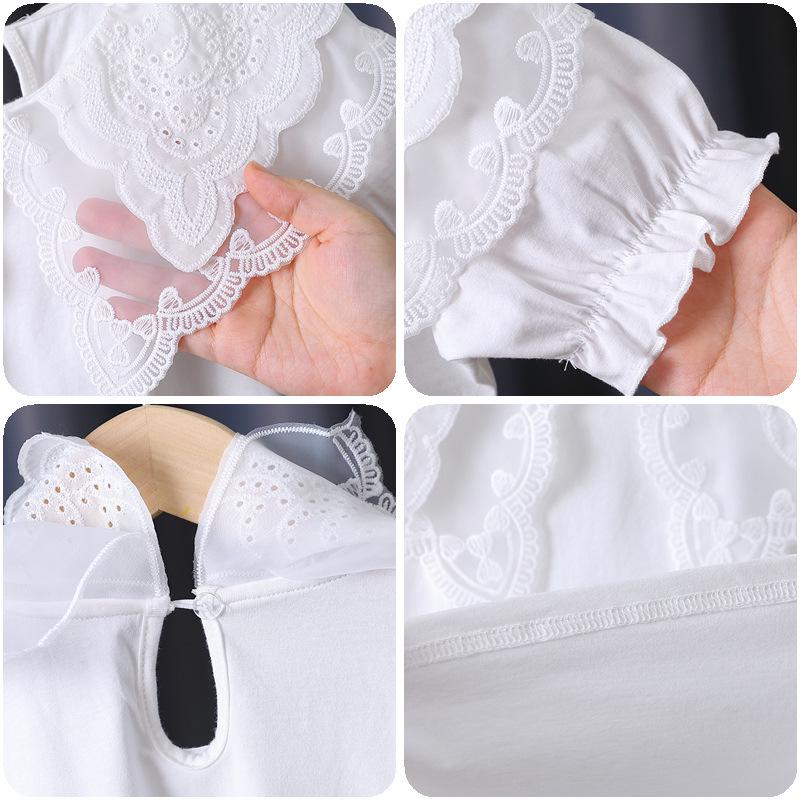 Premium Mädchen Weißes Spitzenkragen Baumwoll-T-Shirt - Sommer Kurzarm für Kinder