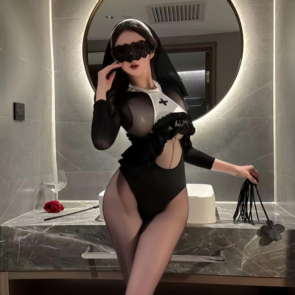 Pure desire sexy playful girl hidden button free one-piece uniform suit sexy nun hollow