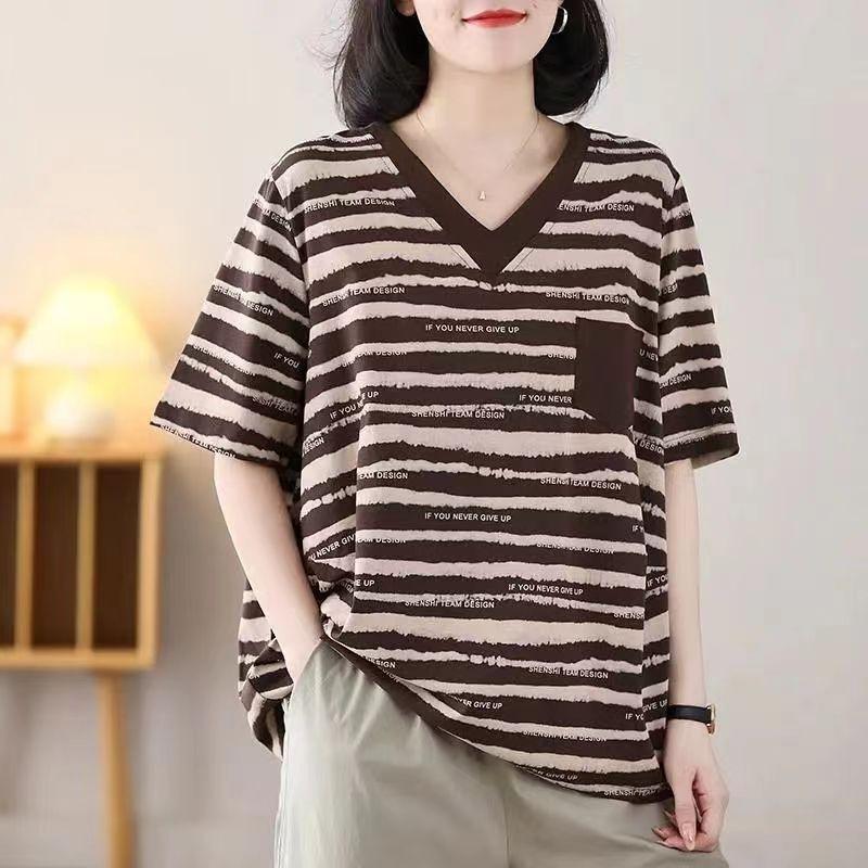 Large Size Striped Fashionable Short-sleeved Women's V-neck Casual and Versatile Loose Flesh Covering To Make Them Look Slimming T-shirt for Women