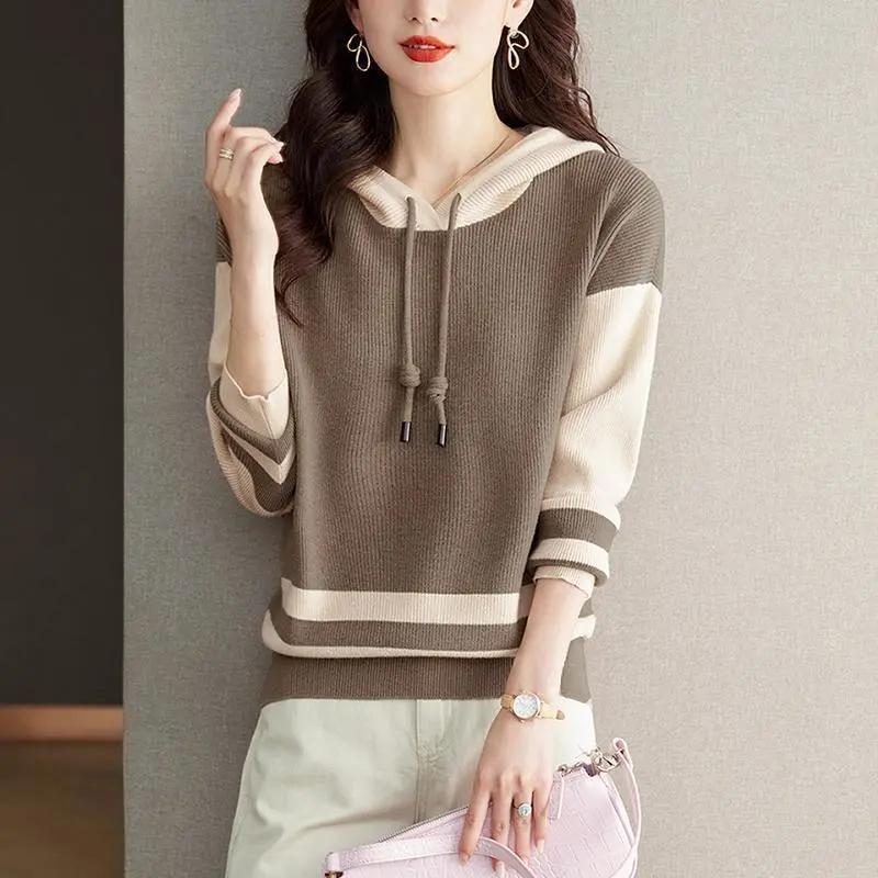 Women's Spring/Fall Color-Block Knit Hoodie Simple Oversized Pullover Sweatshirt