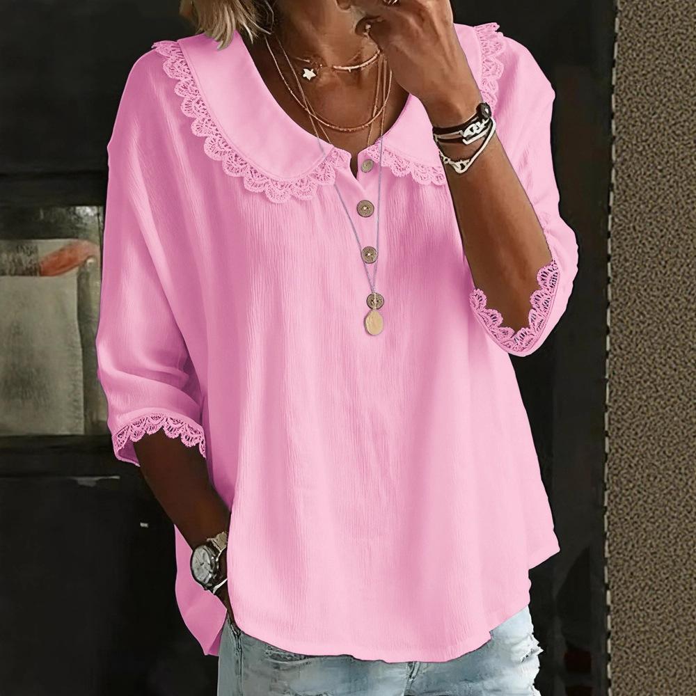 Fashionable Comfortable Autumn New Item Solid Color Loose Satin Long Sleeved Shirt Casual Loose Lapel Lace Versatile Commuting Shirt