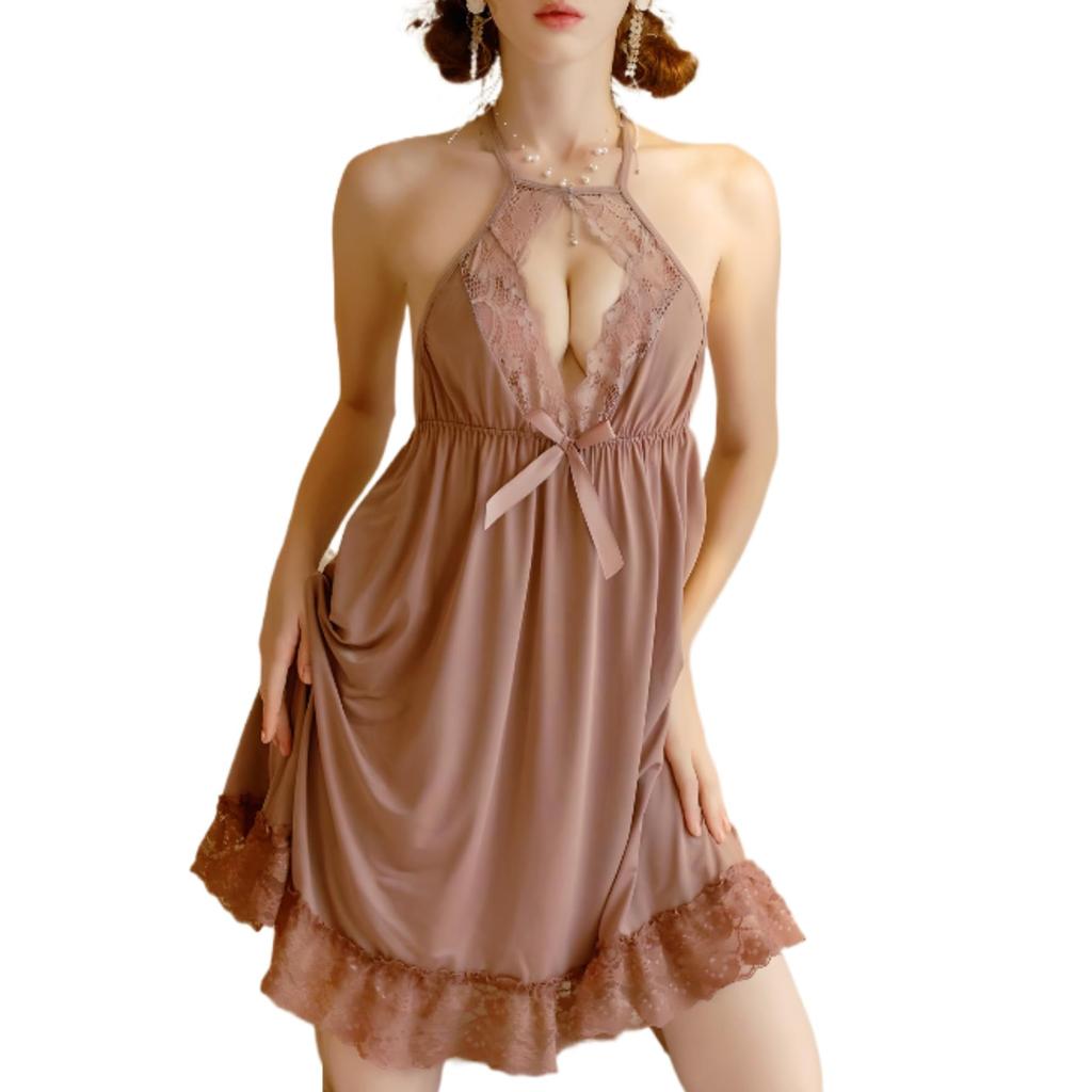 Halterneck Brodert Babydoll Undertøy Bånd Søt Sexy Ryggløs [AQURAD] Gjennomsiktig Dame (Rosa, S~L)