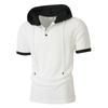 Men's Waffle Knit Color Block Hooded Drawstring Button Short Sleeve T-Shirt.
