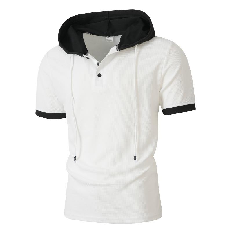 Men's Waffle Knit Color Block Hooded Drawstring Button Short Sleeve T-Shirt.