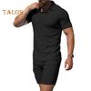 2 Teile/satz Männer Outfit Revers Kurzarm Pullover Tops Elastische Kordelzug Taille Taschen Shorts Set Einfarbig Sportswear