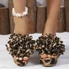 Women's Leopard Print Open-Toe Wedge Sandals with Floral Accents - Slip-On Comfort, Breathable Fabric Upper & Durable Rubber Sole - Casual to Dressy