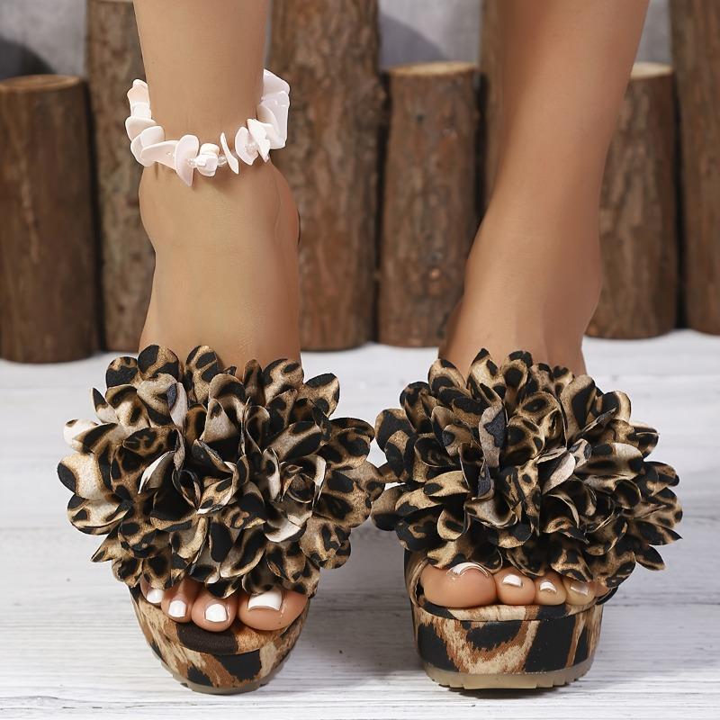 Women's Leopard Print Open-Toe Wedge Sandals with Floral Accents - Slip-On Comfort, Breathable Fabric Upper & Durable Rubber Sole - Casual to Dressy