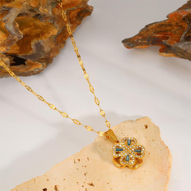 Necklace Female Rotating Clover Zircon Flower Stainless Steel Necklace Niche Temperament Design Versatile Necklace