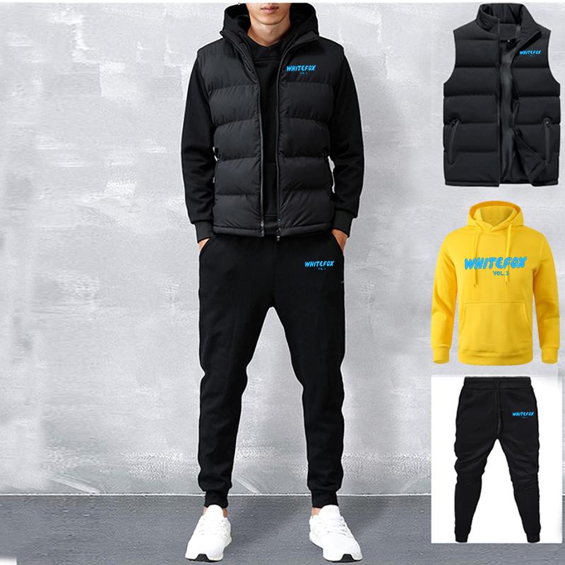 Men's Tracksuit Jackets Vest+Hooded Pullover+Sweatpants Suit Casual Jogger Sportswear 3 Piece Male Fleece Streetwear Sets