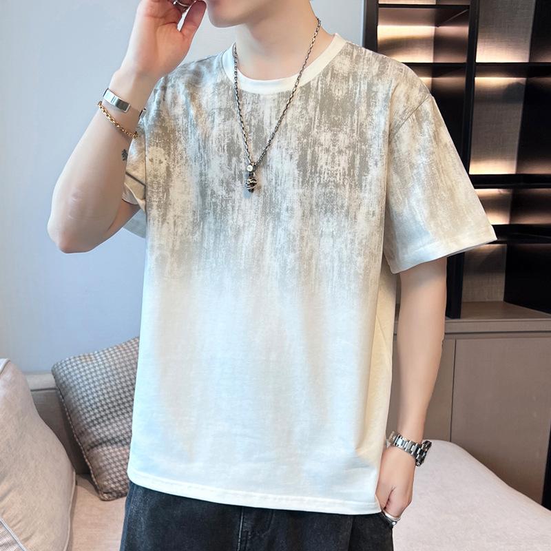 Men's Loose Fitting Short Sleeved T-shirt Top with Round Neck Flower Half Sleeved T-shirt